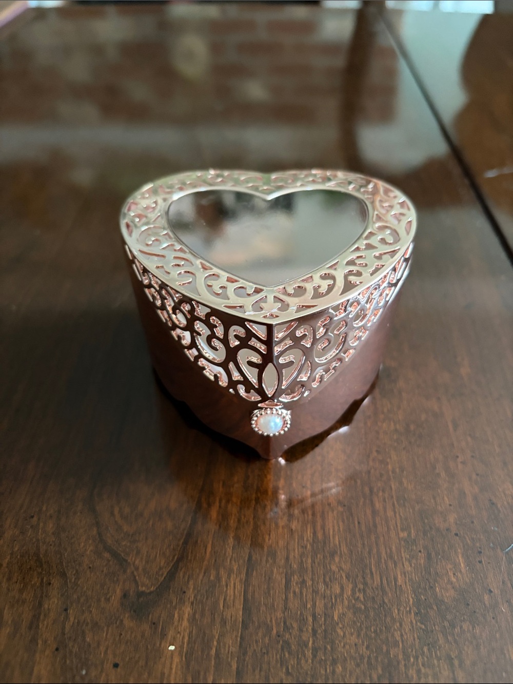 Things Remembered Rose Gold Heart Jewelry Box with Filigree and Mirror